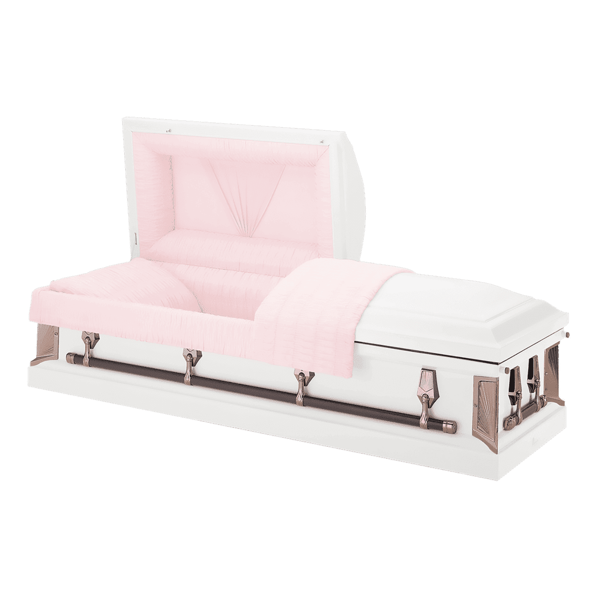 Batesville Carnation Mist Casket — white 20-gauge steel with moss pink crepe interior