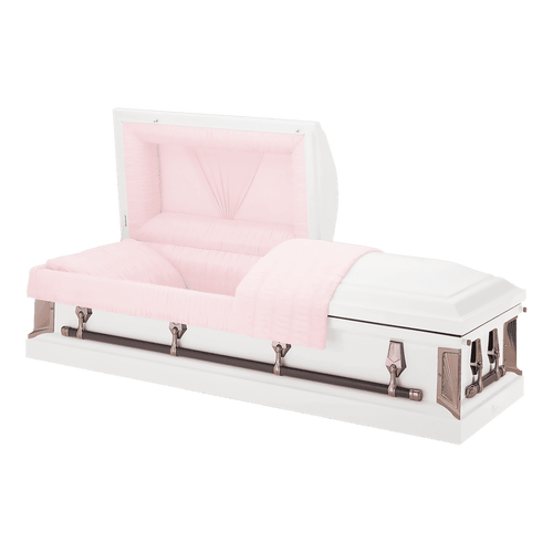 Batesville Carnation Mist Casket — white 20-gauge steel with moss pink crepe interior