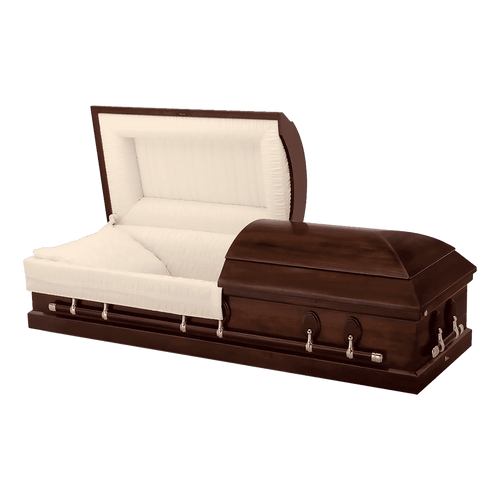 Batesville Chestnut Hardwood casket — solid poplar with rosetan crepe interior