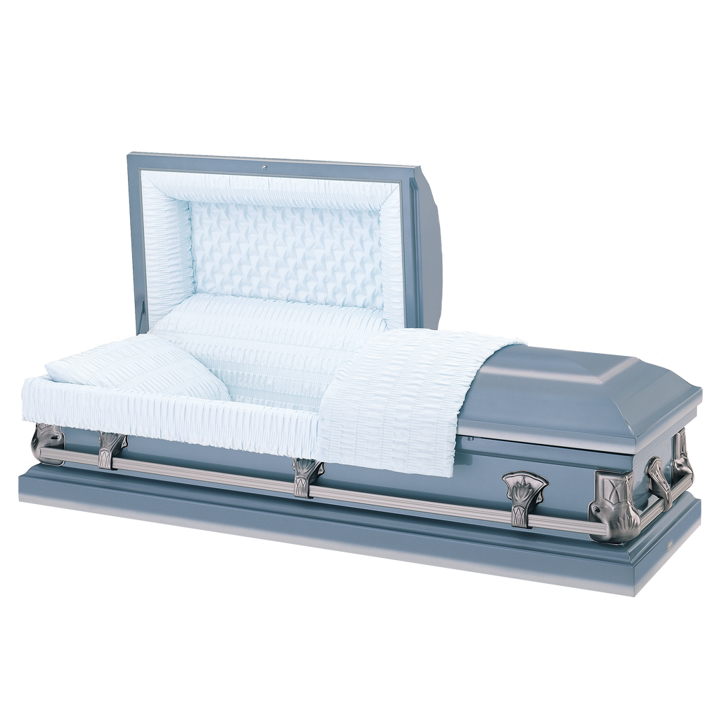 Batesville Saturn Blue Casket — blue 20-gauge steel with light blue crepe interior (view 2)