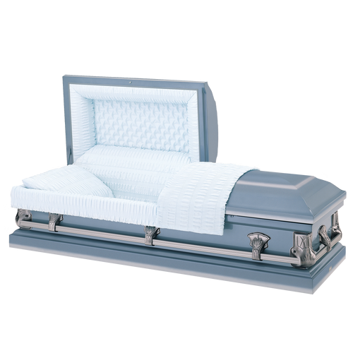 Batesville Saturn Blue Casket — blue 20-gauge steel with light blue crepe interior (view 2)