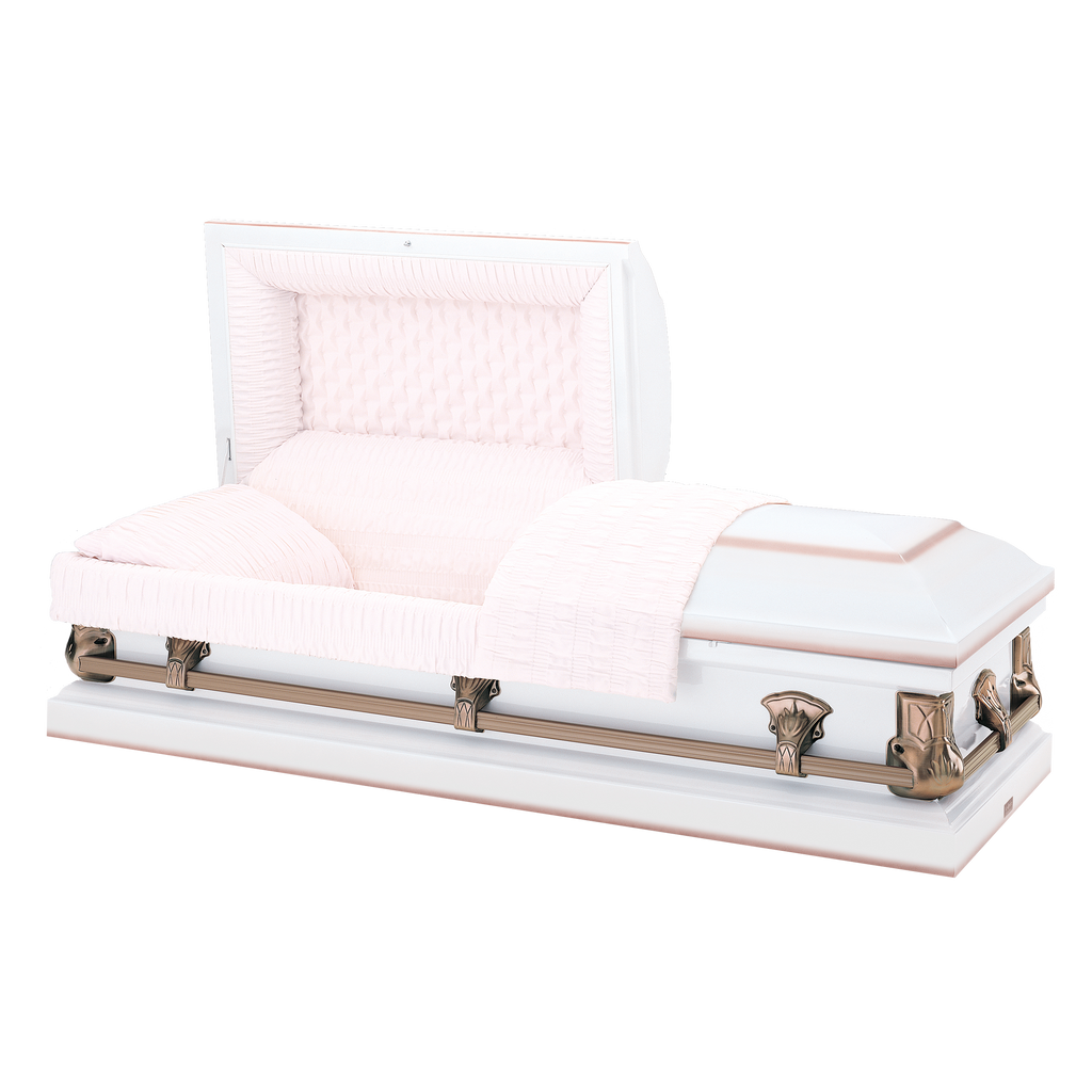 Batesville Saturn White Casket — white 20-gauge steel with light pink crepe interior (view 2)