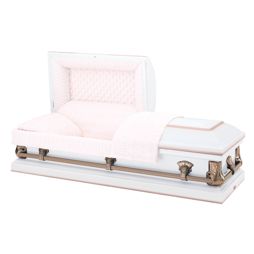 Batesville Saturn White Casket — white 20-gauge steel with light pink crepe interior (view 2)