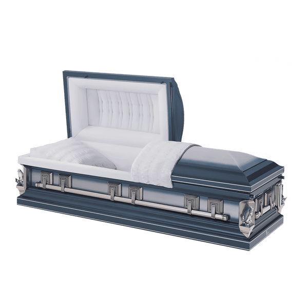 Batesville Silver Sapphire Casket — silver 16-gauge stainless steel with velvet interior