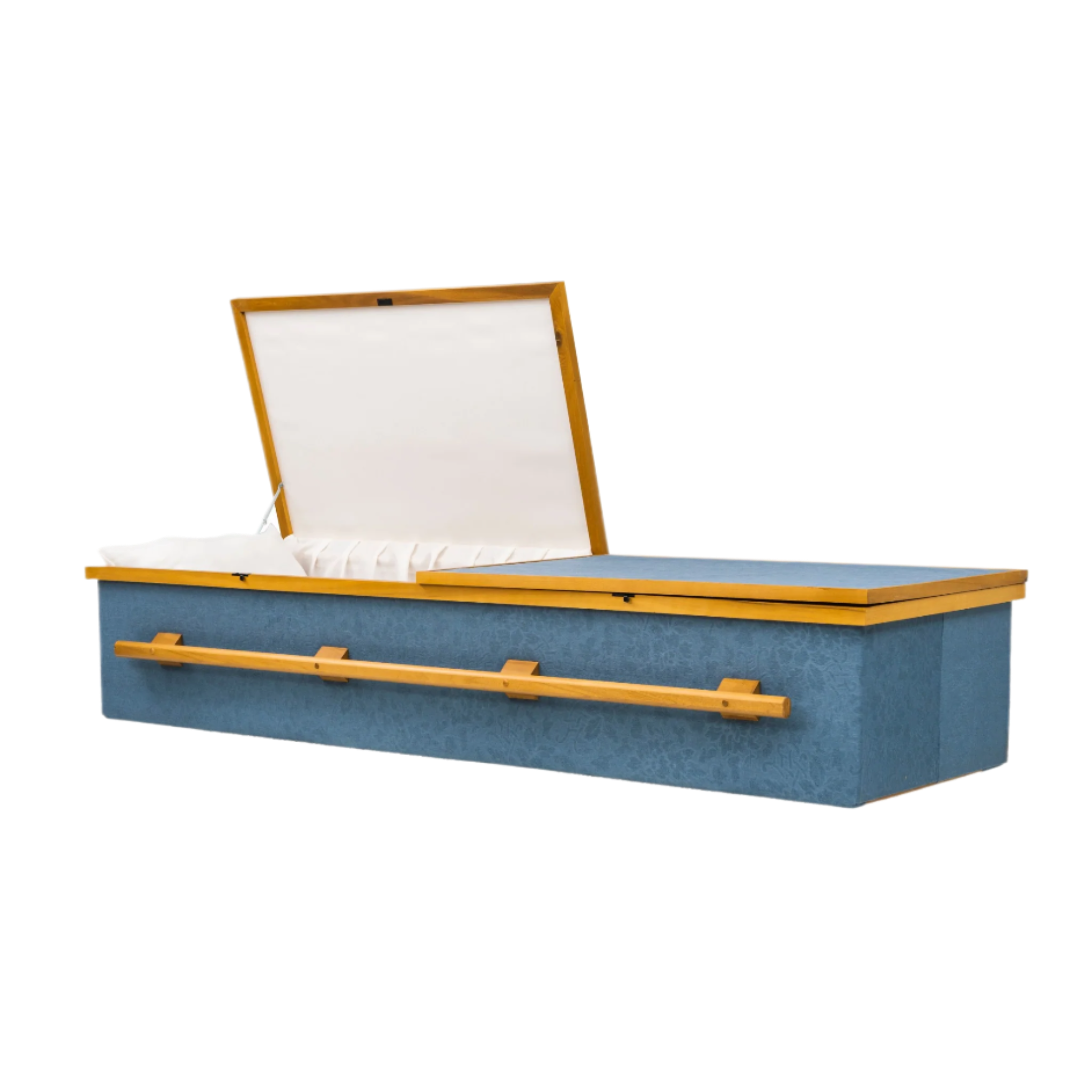 Blue and Gold Cloth Casket — wood with eggshell crepe interior