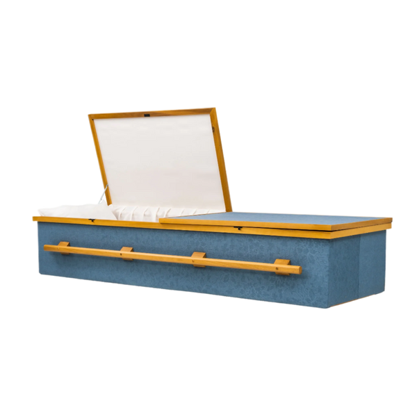 Blue and Gold Cloth Casket — wood with eggshell crepe interior