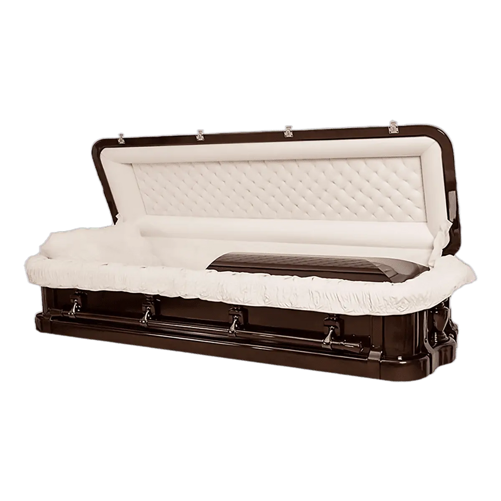 Discount Caskets Series Carved Top Mahogany Full Couch — solid mahogany with ivory velvet interior (view 2)