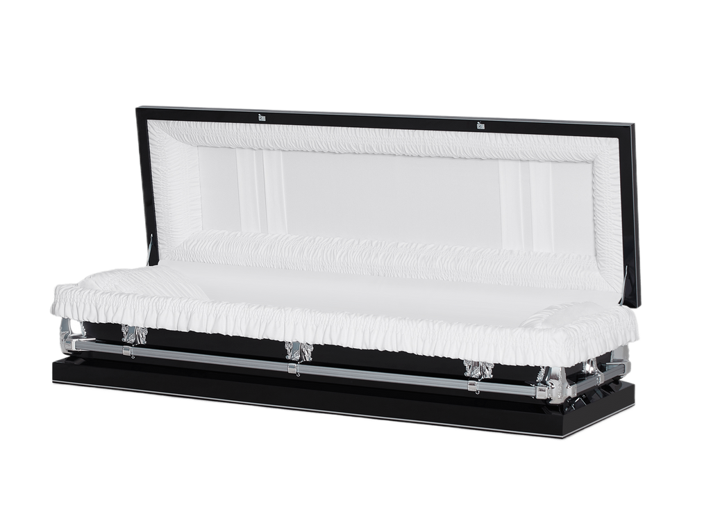 Clair Black and Silver Full Couch casket — black 20-gauge steel with white crepe interior (view 2)