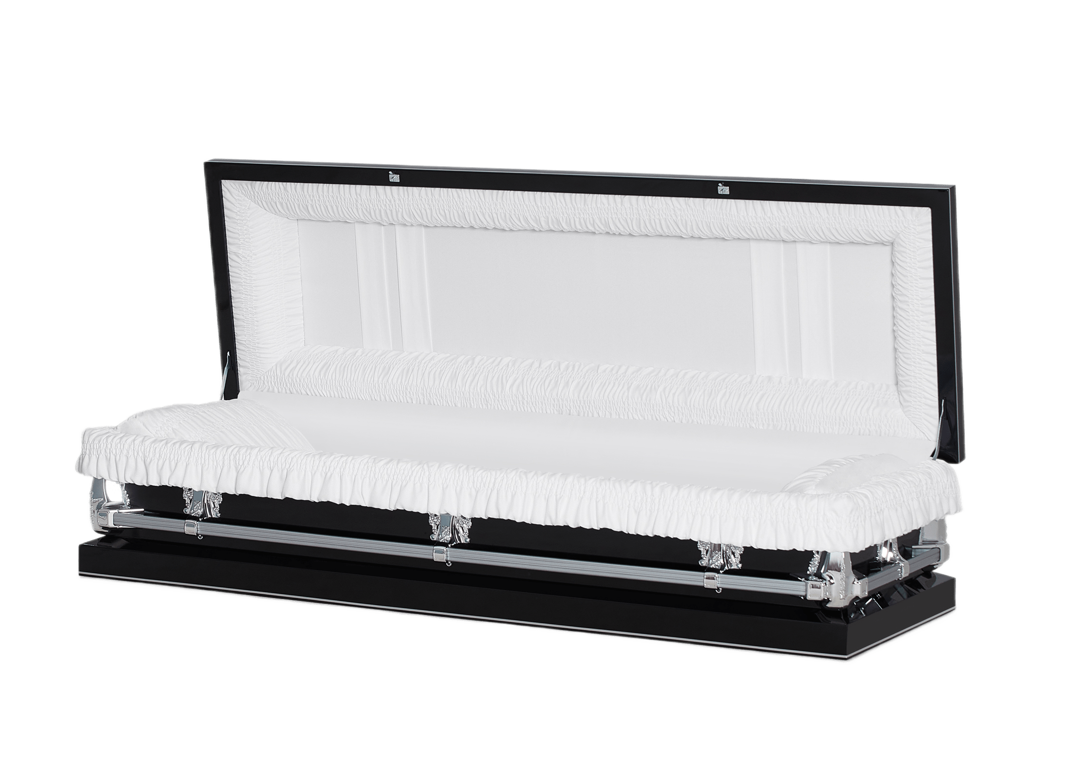 Clair Black and Silver Full Couch casket — black 20-gauge steel with white crepe interior (view 2)