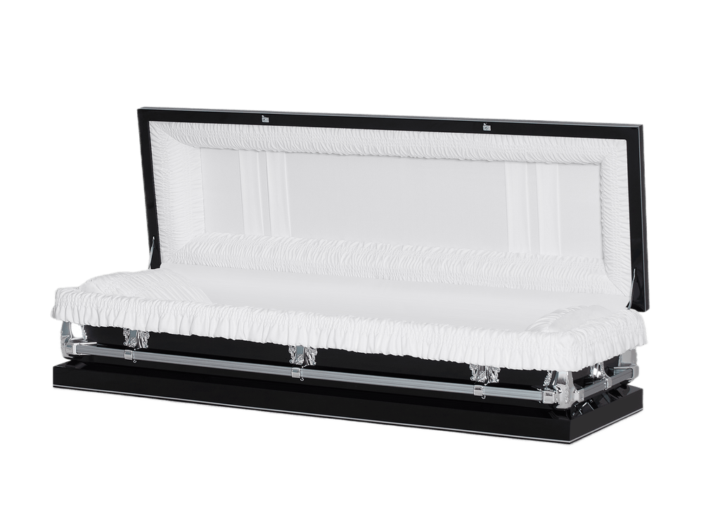 Clair Black and Silver Full Couch casket — black 20-gauge steel with white crepe interior