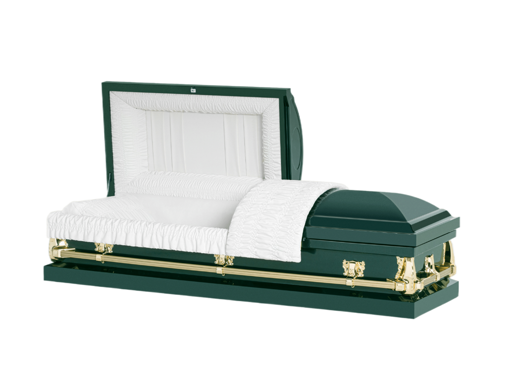 Clair Green casket — green 20-gauge steel with white crepe interior (view 2)