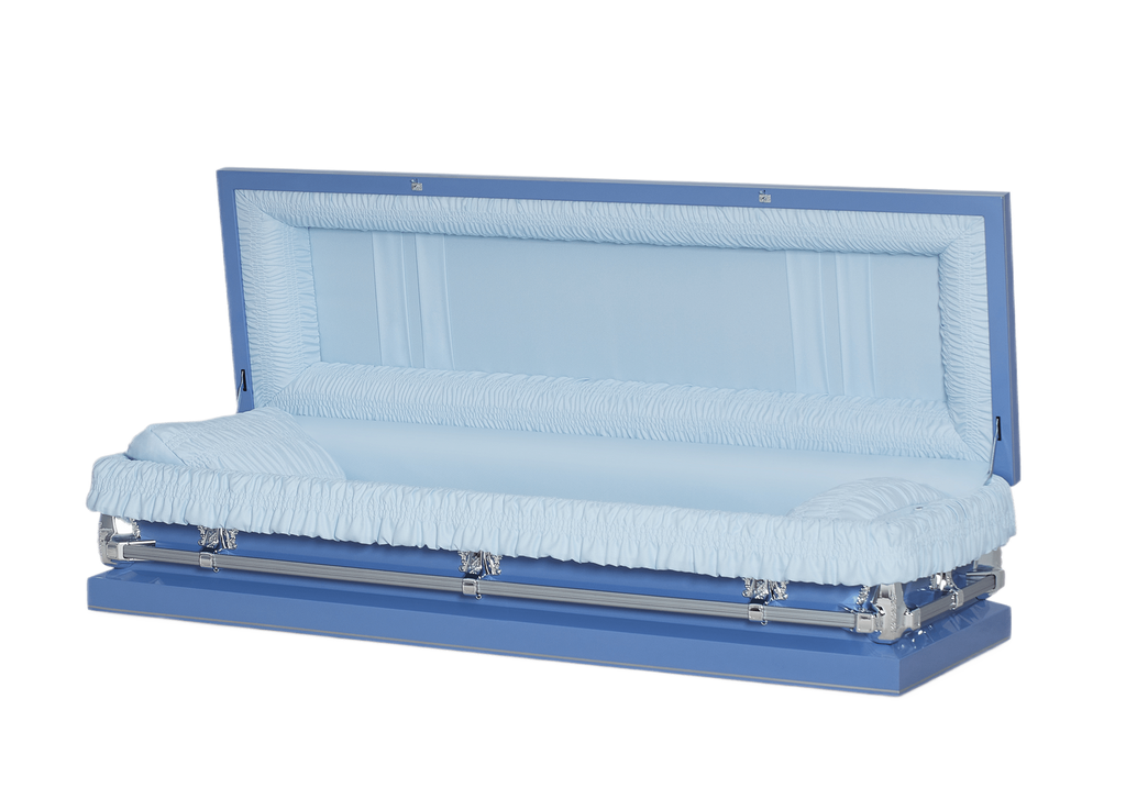 Clair Light Blue Full Couch casket — light blue 20-gauge steel with blue crepe interior (view 2)
