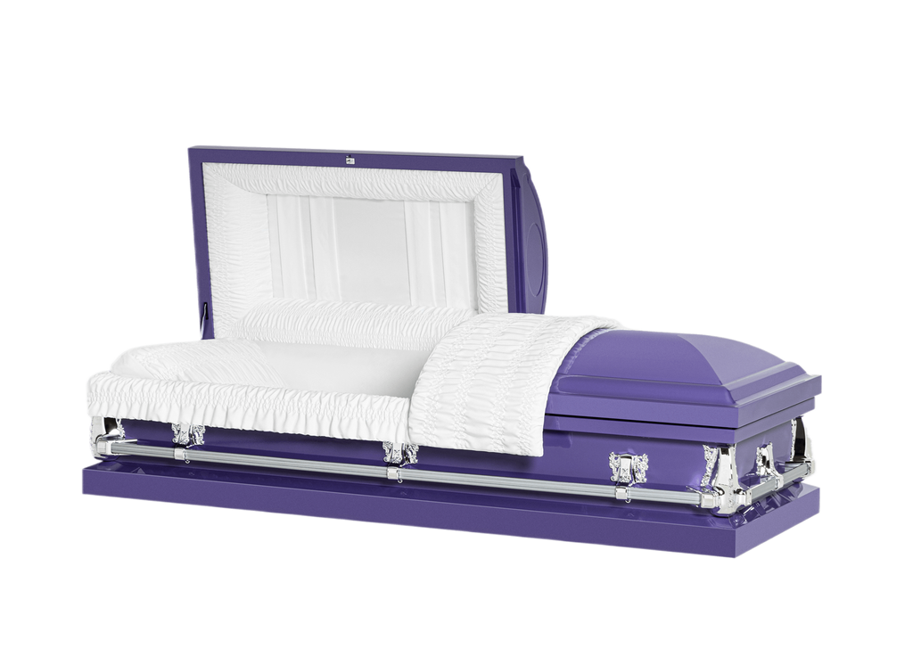 Clair Purple casket — purple 20-gauge steel with white crepe interior (view 2)