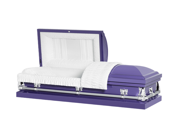 Clair Purple casket — purple 20-gauge steel with white crepe interior
