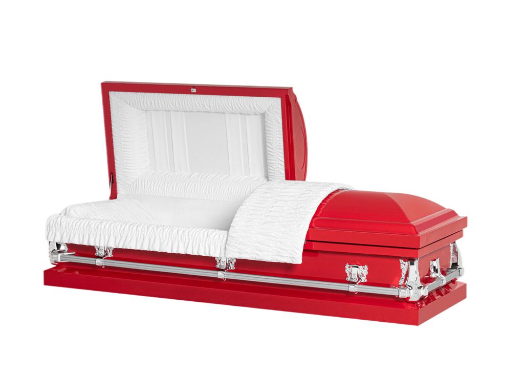 Clair Red casket — red 20-gauge steel with white crepe interior (view 2)