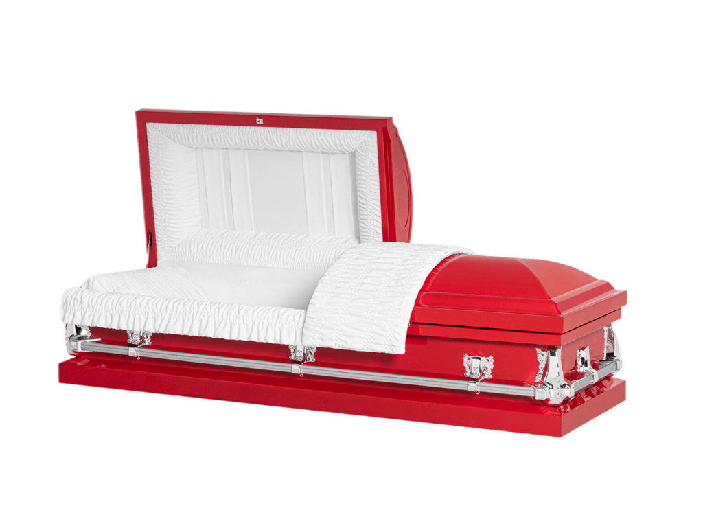 Clair Red casket — red 20-gauge steel with white crepe interior