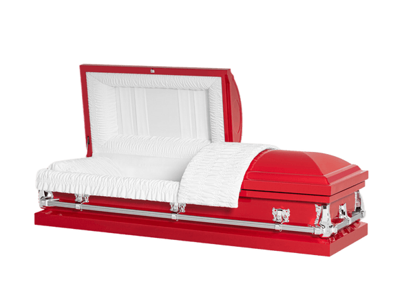 Clair Red casket — red 20-gauge steel with white crepe interior