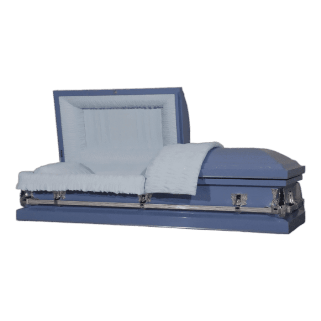 Clair Series Blue casket — blue 20-gauge steel with blue crepe interior (view 2)