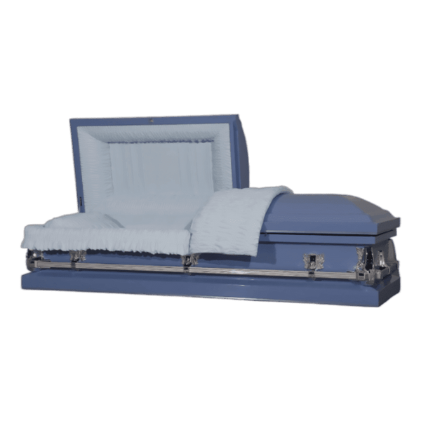 Clair Series Blue casket — blue 20-gauge steel with blue crepe interior