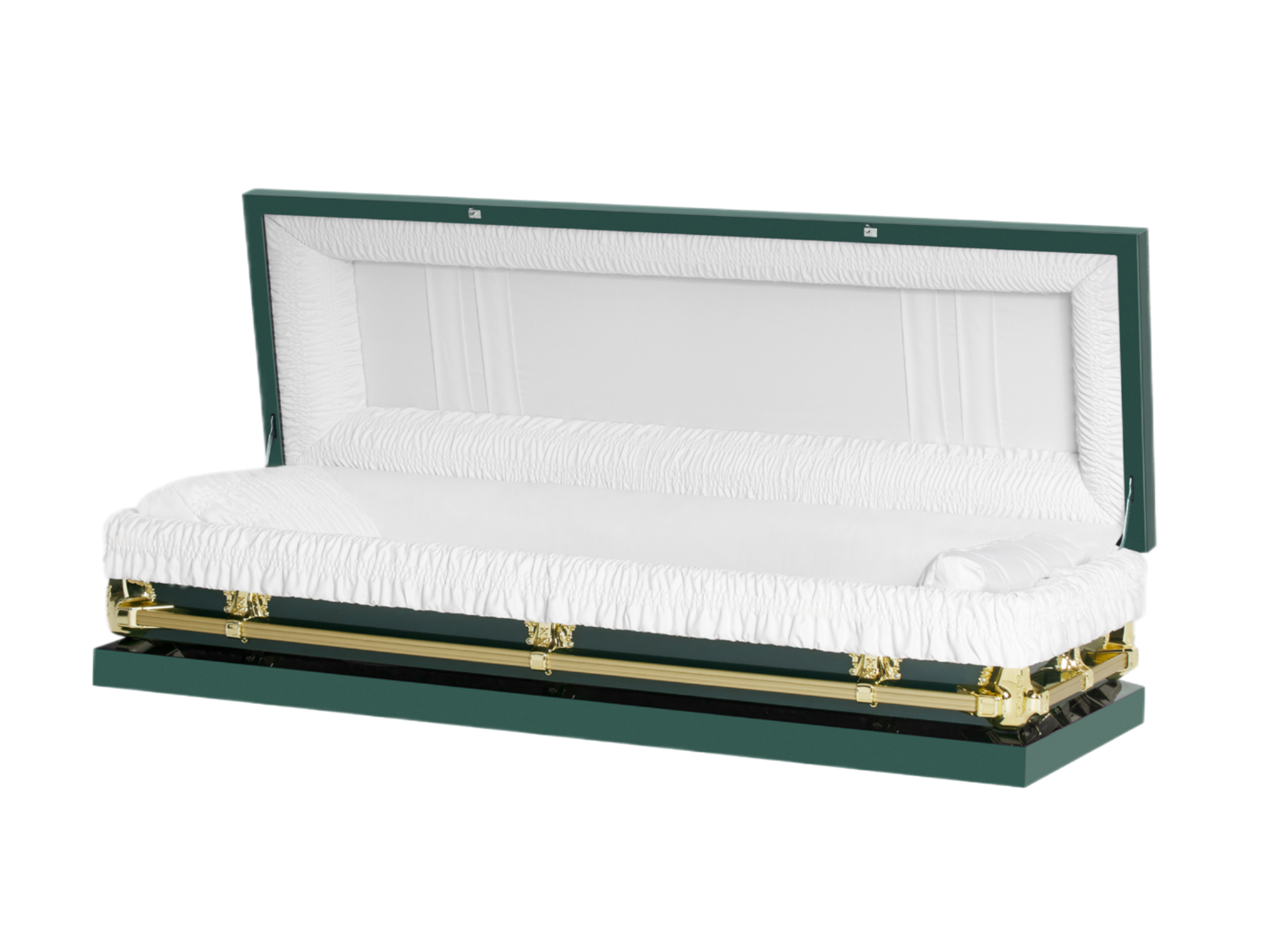Clair Green Full Couch casket — green 20-gauge steel with white crepe interior