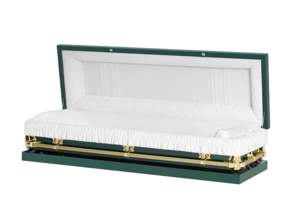 Clair Green Full Couch casket — green 20-gauge steel with white crepe interior