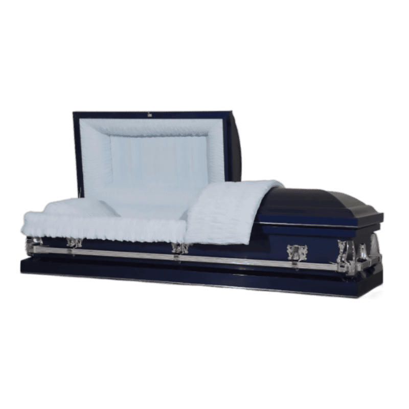 Clair Series Navy Blue casket — navy blue 20-gauge steel with blue crepe interior