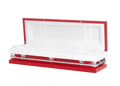 Clair Red Full Couch casket — red 20-gauge steel with white crepe interior