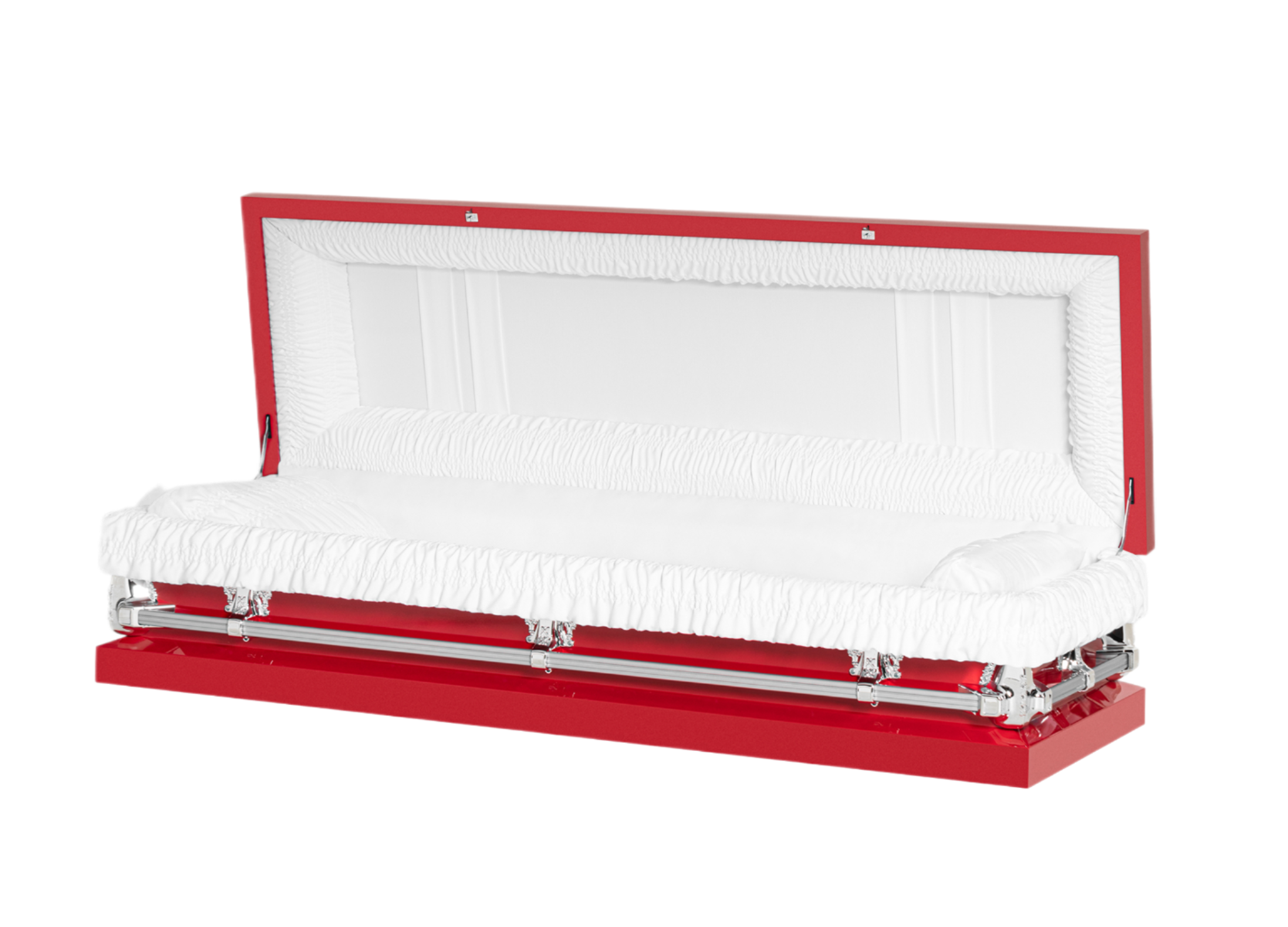 Clair Red Full Couch casket — red 20-gauge steel with white crepe interior