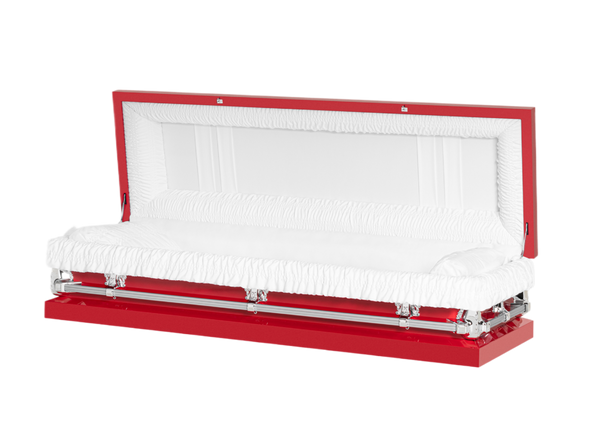 Clair Red Full Couch casket — red 20-gauge steel with white crepe interior