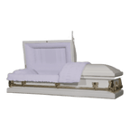 Clair Series White/Gold/Gold Bar casket — white 20-gauge steel with white crepe interior