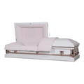 Clair Series White/Gold/Pink casket — white 20-gauge steel with pink crepe interior