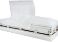 Clair Series White/Silver casket — white 20-gauge steel with white crepe interior