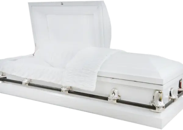 Clair Series White/Silver casket — white 20-gauge steel with white crepe interior
