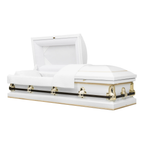 Clair Series White/Gold/Brass Bar casket — white 20-gauge steel with white crepe interior