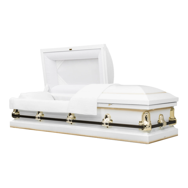 Clair Series White/Gold/Brass Bar casket — white 20-gauge steel with white crepe interior