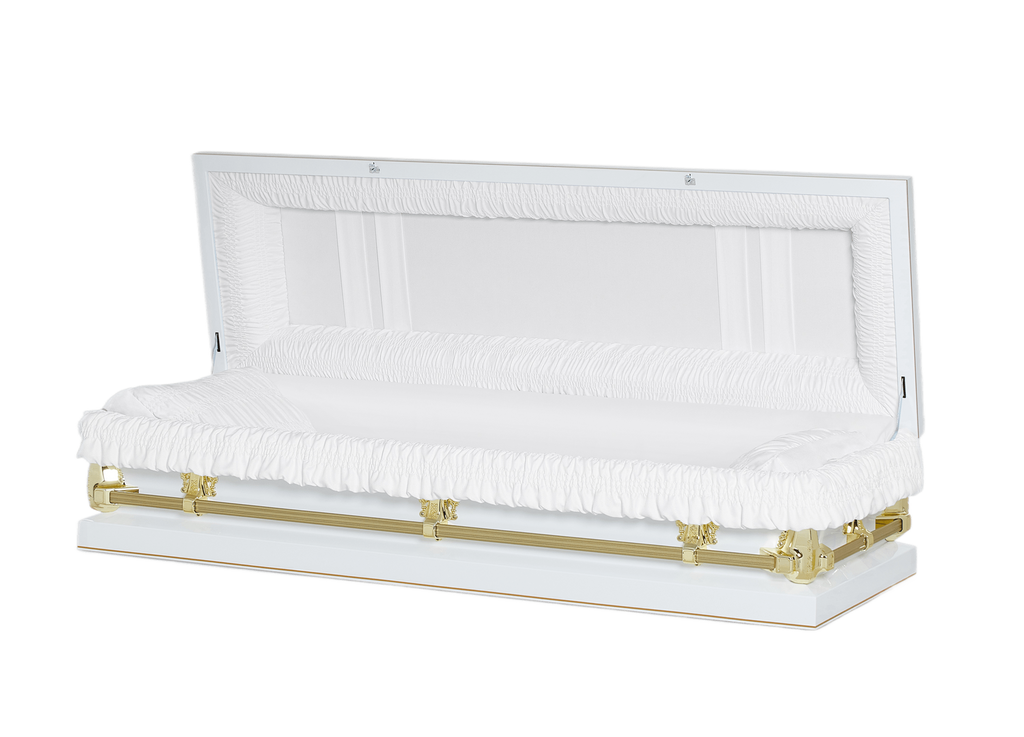 Clair White/Gold Full Couch casket — white 20-gauge steel with white crepe interior (view 2)