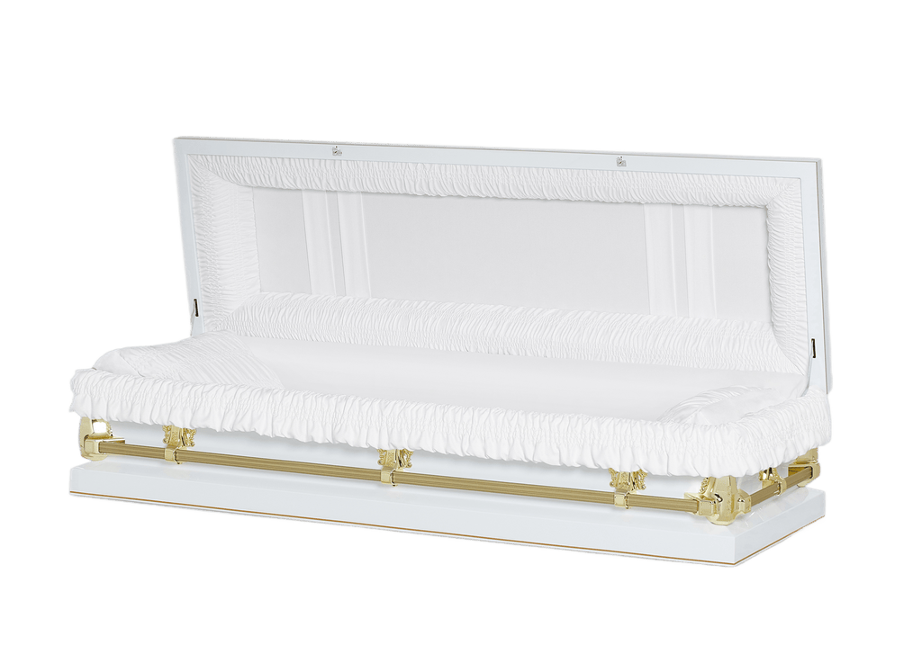 Clair White/Gold Full Couch casket — white 20-gauge steel with white crepe interior