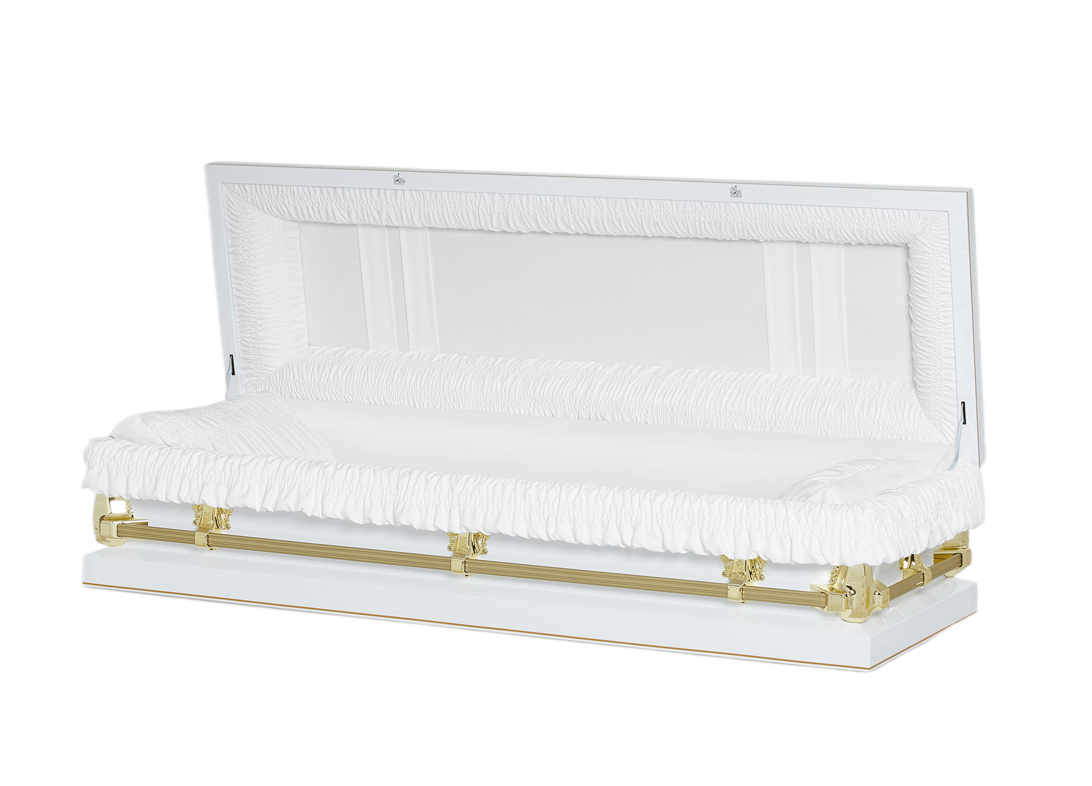 Clair White/Gold Full Couch casket — white 20-gauge steel with white crepe interior