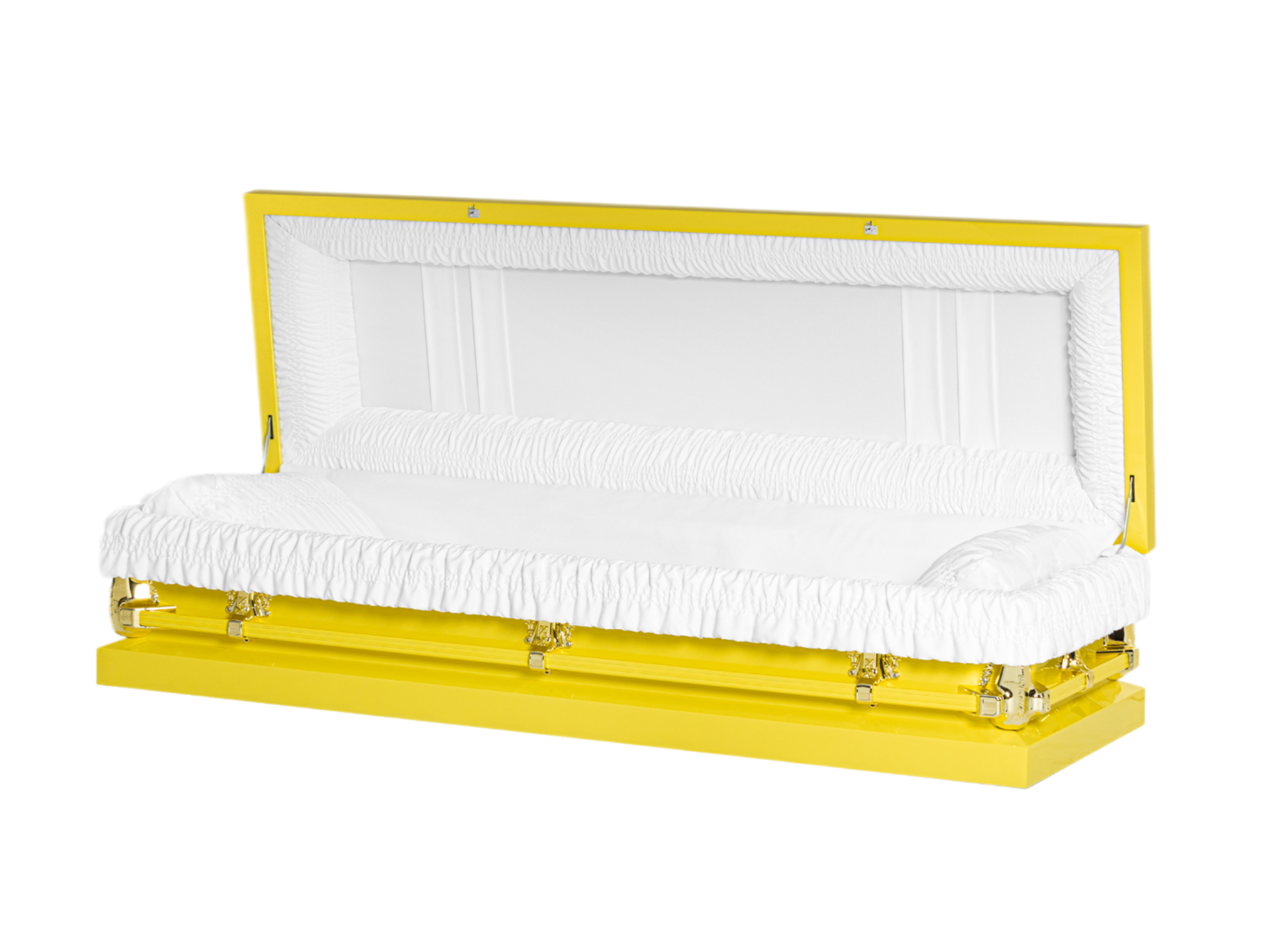 Clair Yellow Full Couch casket — yellow 20-gauge steel with white crepe interior