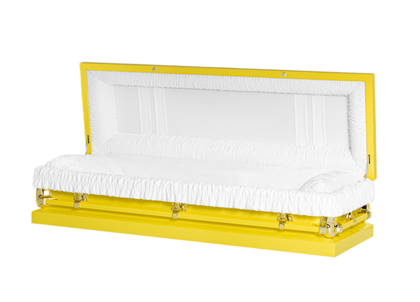 Clair Yellow Full Couch casket — yellow 20-gauge steel with white crepe interior