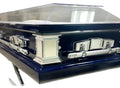 Clear Casket Navy Blue — white velvet interior