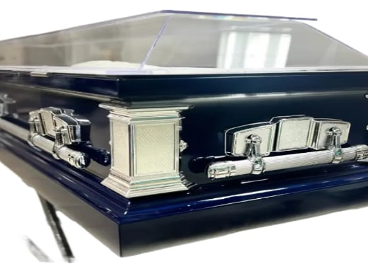 Clear Casket Navy Blue — white velvet interior (view 2)
