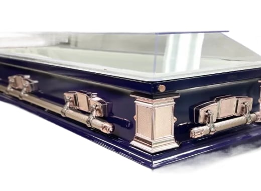 Clear Casket Purple — white velvet interior