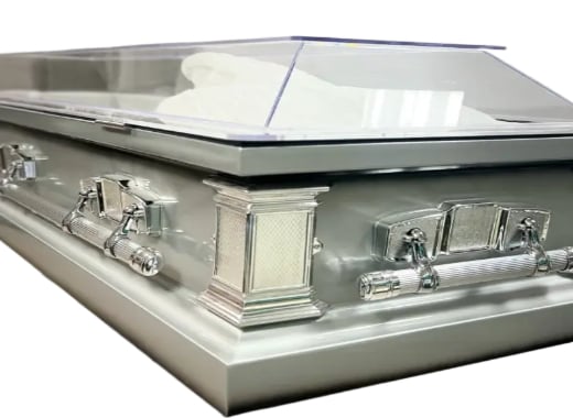 Clear Casket Silver — white velvet interior