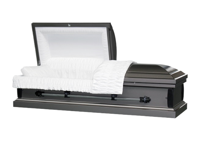 Cosmos Series Gray casket — gray 20-gauge steel with white crepe interior (view 2)