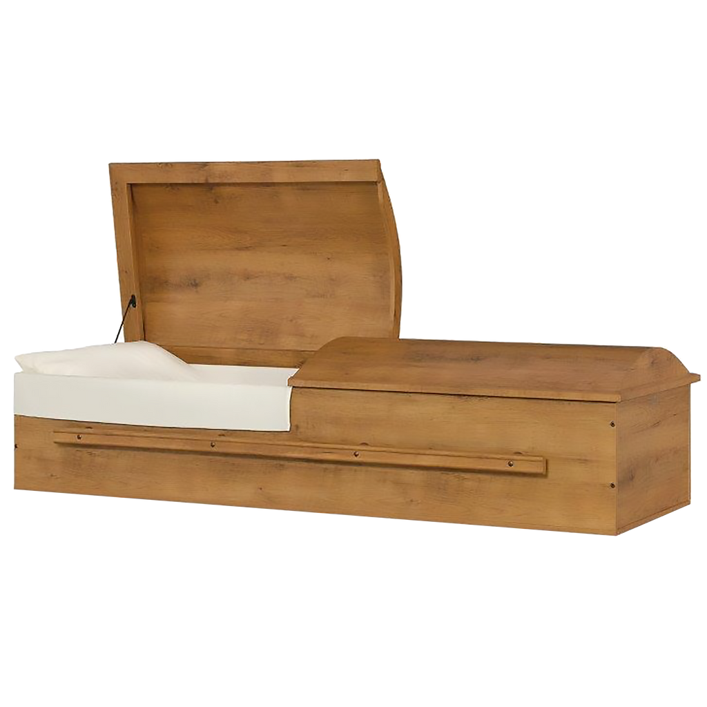 Tribute Series Poplar Wood Walnut Finish casket — solid poplar with ivory velvet interior