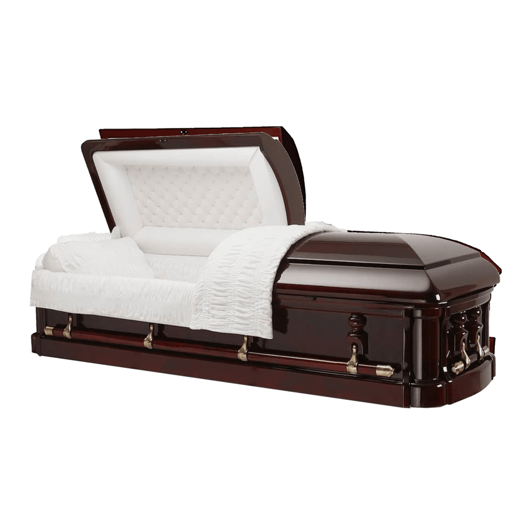 Emperor Solid Wood Classic casket — solid mahogany with white velvet interior