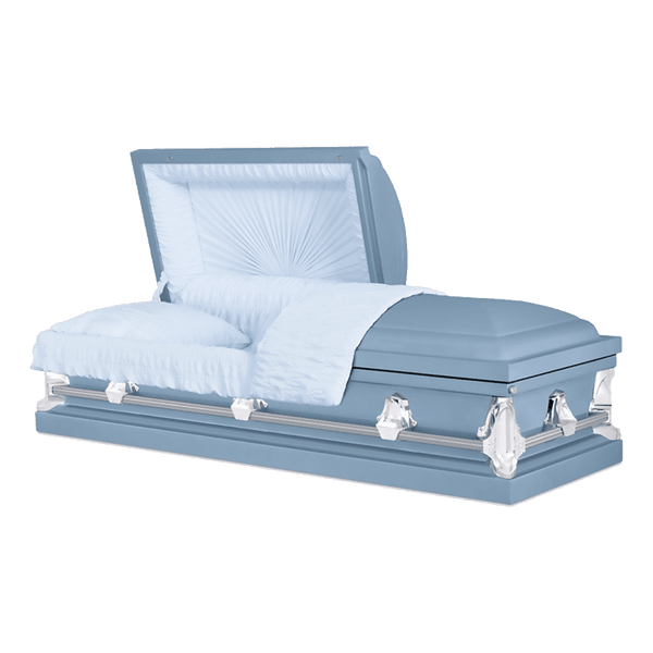 The Forever Series Blue casket — blue 20-gauge steel with crepe interior