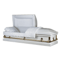 The Forever Series White/Gold casket — white 20-gauge steel with crepe interior