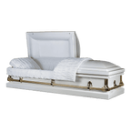 The Forever Series White/Gold casket — white 20-gauge steel with crepe interior